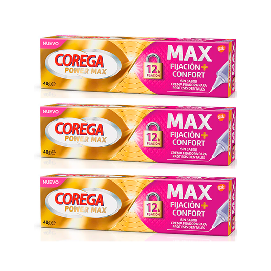 Corega Triplo Max Fijación + Confort Crema Fijadora para Prótesis Dentales, 3 x  40 gr