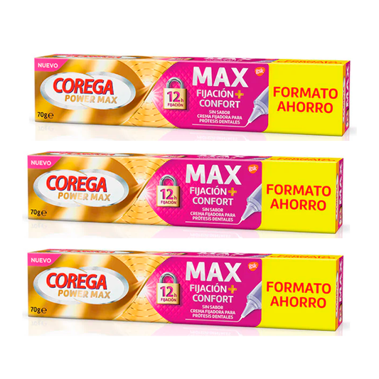 Corega Triplo Max Fijación + Confort Crema Fijadora para Prótesis Dentales, 3 x  70 gr