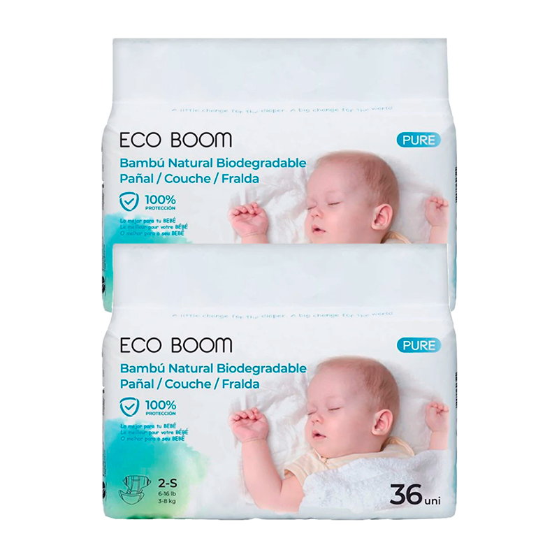 Eco Boom Pack 2X Pañal De Bambú Pure S 2, 72 Unidades