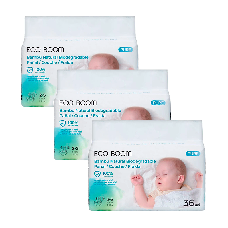 Eco Boom Pack 3X Pañal De Bambú Pure S 2, 108 Unidades