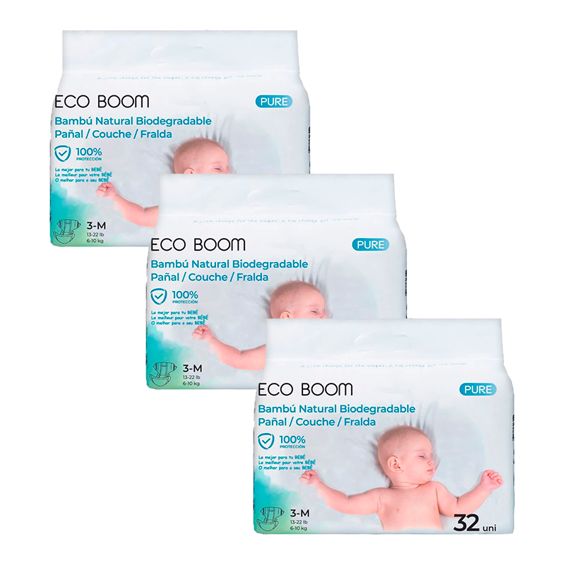 Eco Boom Pack 3X Pañal De Bambú Pure M 3, 96 Unidades