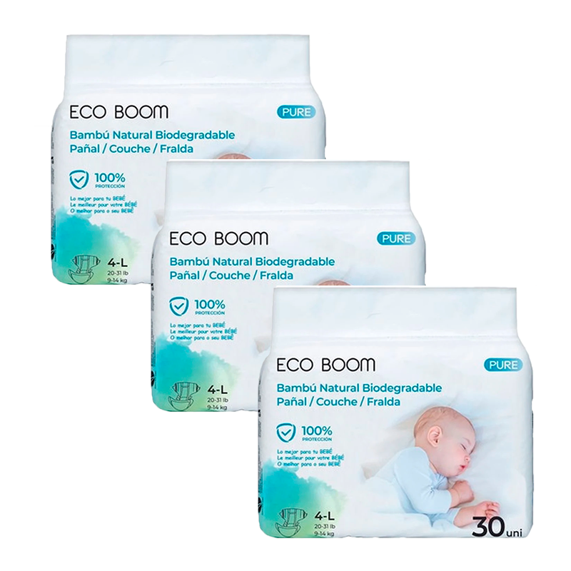 Eco Boom Pack 3X Pañal De Bambú Pure L 4, 90 Unidades