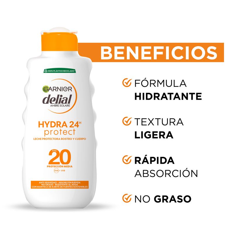 Garnier Delial Hydra 24H Protect Leche Protectora Rostro Y Cuerpo Protección Spf 20, Piel Suave E Hidratada 200Ml