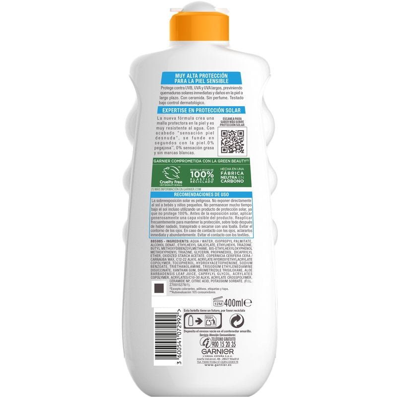 Garnier Delial Sensitive Advanced Leche Protectora Solar Para Pieles Claras, Sensibles E Intolerantes Al Sol Ip50+, 400Ml