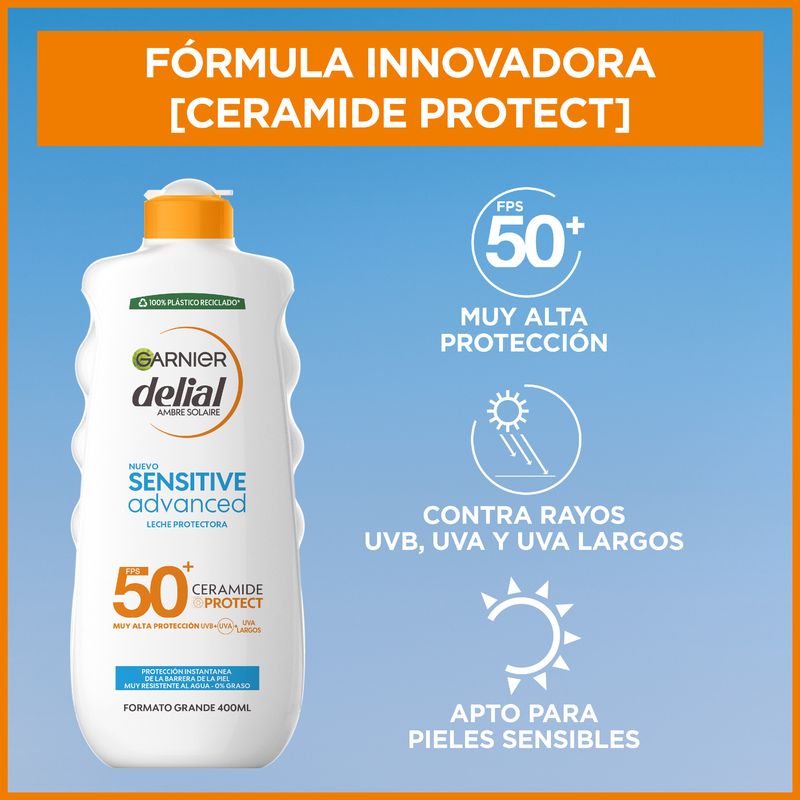 Garnier Delial Sensitive Advanced Leche Protectora Solar Para Pieles Claras, Sensibles E Intolerantes Al Sol Ip50+, 400Ml