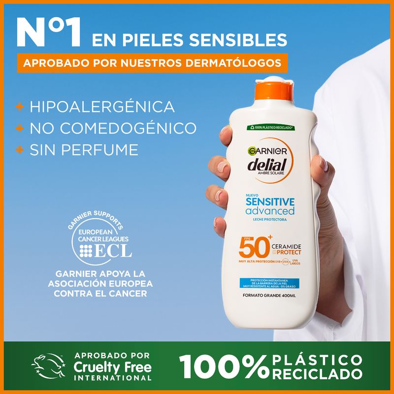 Garnier Delial Sensitive Advanced Leche Protectora Solar Para Pieles Claras, Sensibles E Intolerantes Al Sol Ip50+, 400Ml