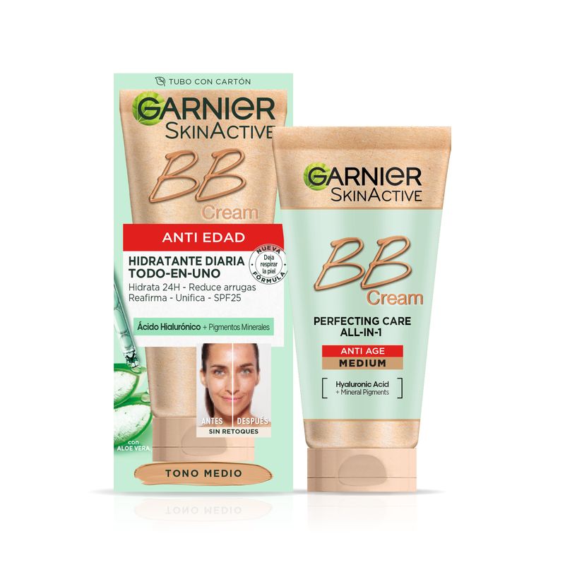 Garnier Skinactive Bb Cream Anti Edad Tono Medio. Hidratante Todo En Uno Con Color Spf25, 50Ml