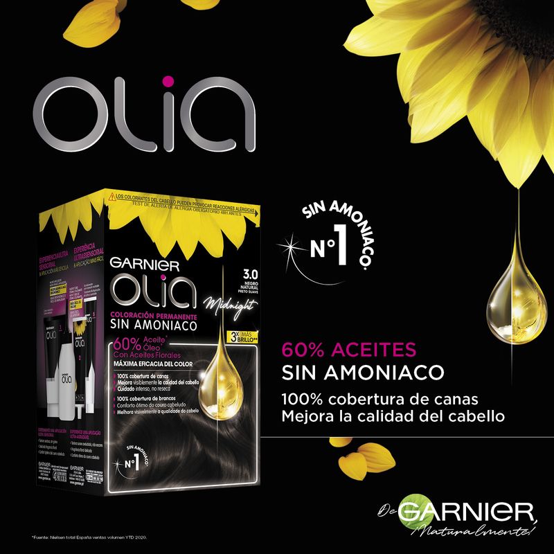 Garnier Olia Coloración Permanente Sin Amoniaco, Olor Agradable Con Aceites Florales Origen Natural - Negro Natural 3.0