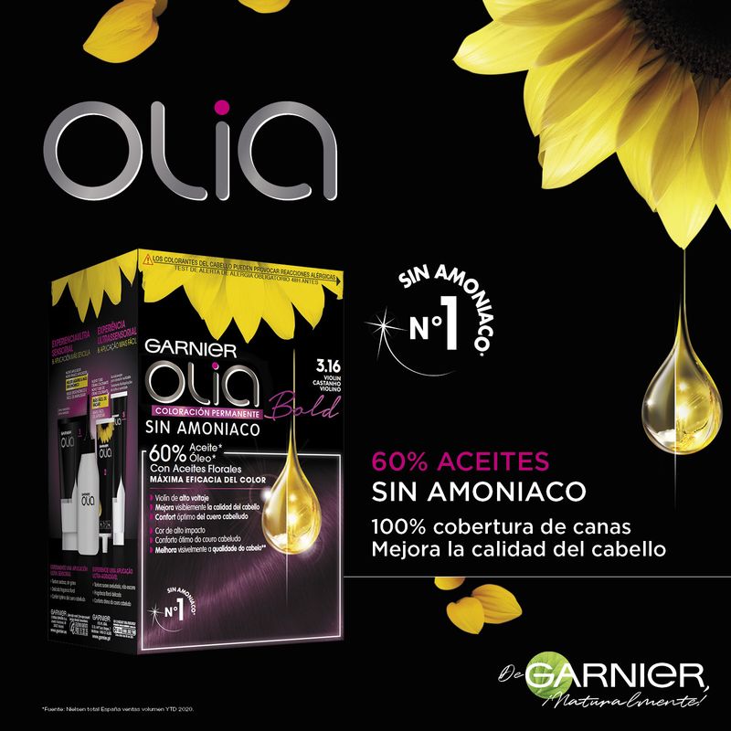 Garnier Olia Coloración Permanente Sin Amoniaco, Olor Agradable Con Aceites Florales Origen Natural - Bold Violín 3.16