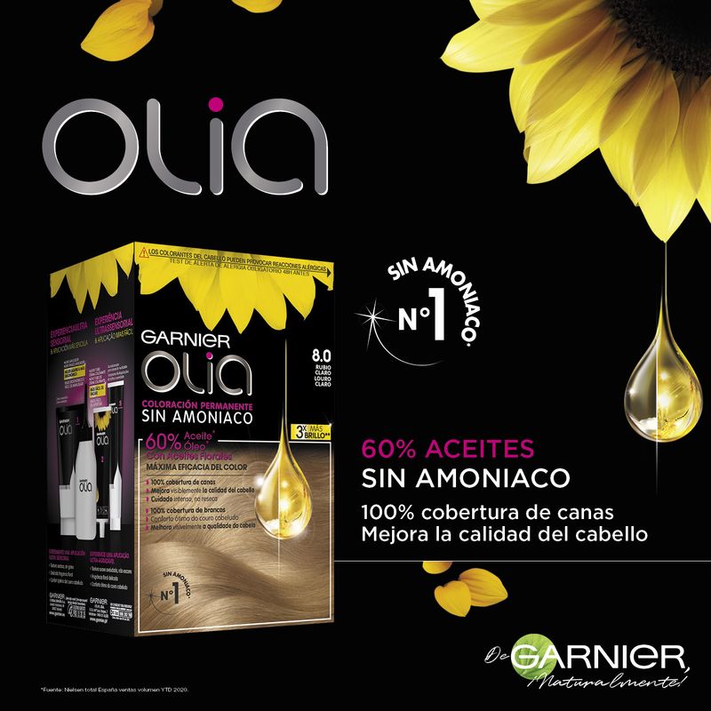 Garnier Olia Coloración Permanente Sin Amoniaco Para Un Olor Agradable Con Aceites Florales De Origen Natural - Rubio Claro 8.0