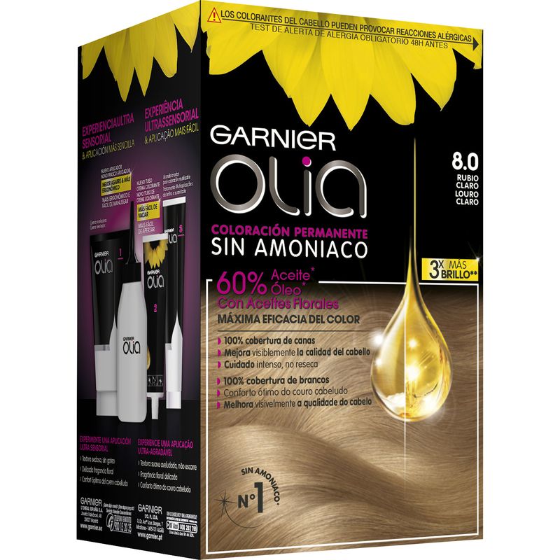 Garnier Olia Coloración Permanente Sin Amoniaco Para Un Olor Agradable Con Aceites Florales De Origen Natural - Rubio Claro 8.0