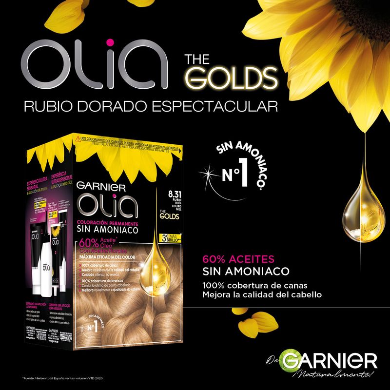 Garnier Olia Coloración Permanente Sin Amoniaco Para Un Olor Agradable Con Aceites Florales De Origen Natural - Rubio Miel 8.31