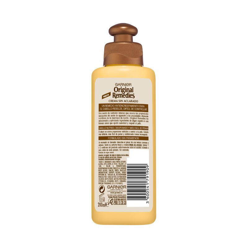 Garnier Original Remedies Aceite De Aguacate Y Manteca De Karité En Crema Para Pelo Rebelde Y Encrespado 200Ml