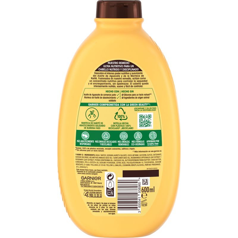 Garnier Original Remedies Aceite De Aguacate Y Manteca De Karité Champú Para Pelo Rebelde Y Encrespado 600 Ml