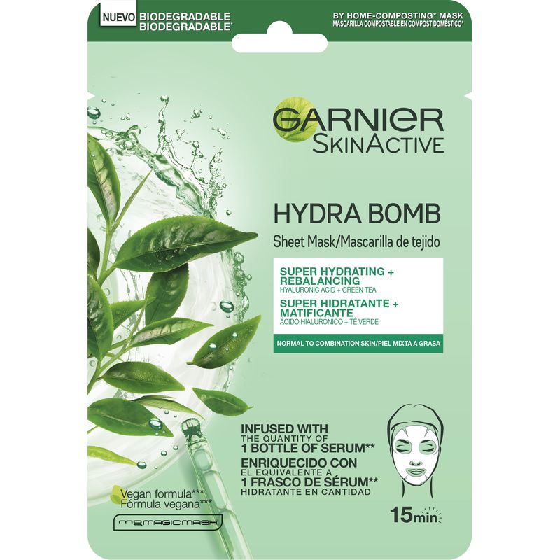 Garnier Skin Active Mask Tissu Mascarilla De Tela Hydra Bomb Hidratante Matificante Con Ácido Hialurónico Y Té Verde