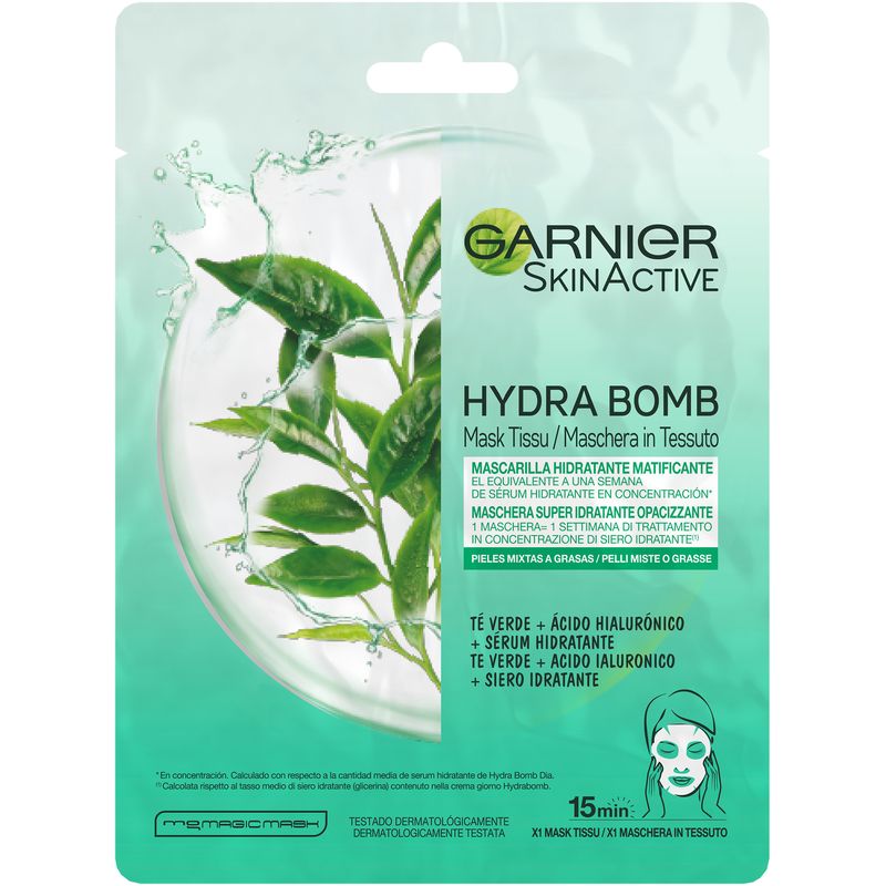 Garnier Skin Active Mask Tissu Mascarilla De Tela Hydra Bomb Hidratante Matificante Con Ácido Hialurónico Y Té Verde