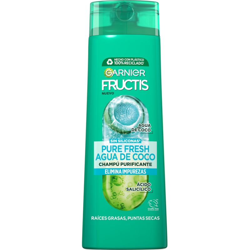 Garnier Fructis Pure Fresh Agua De Coco Champú Pelo Normal, Con Raíces Grasas Y Puntas Secas 300 Ml