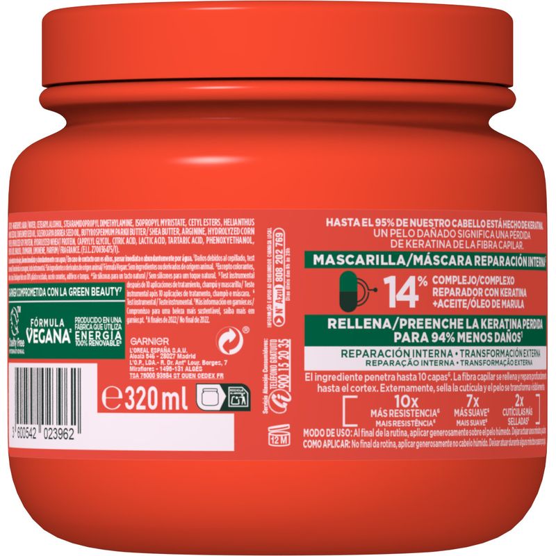 Garnier Fructis Mascarilla Adiós Daños Con Aceite De Marula Para Cabello Dañado 320Ml