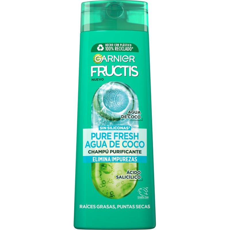 Garnier Fructis Pure Fresh Agua De Coco Champú Pelo Normal, Con Raíces Grasas Y Puntas Secas 380 Ml