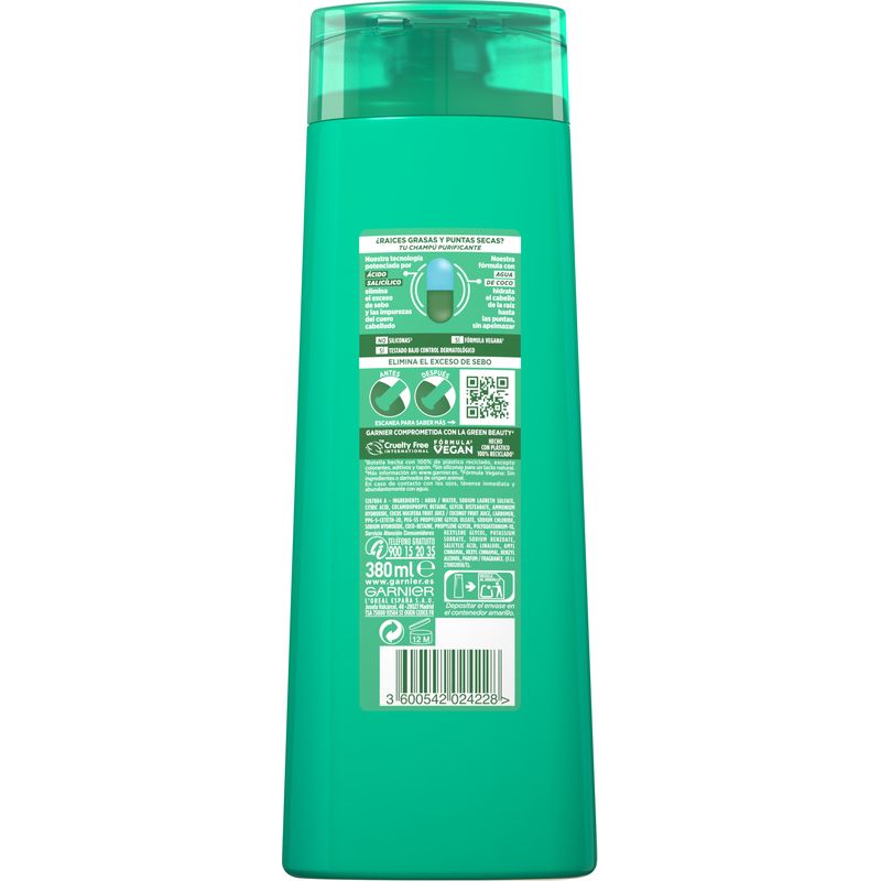 Garnier Fructis Pure Fresh Agua De Coco Champú Pelo Normal, Con Raíces Grasas Y Puntas Secas 380 Ml