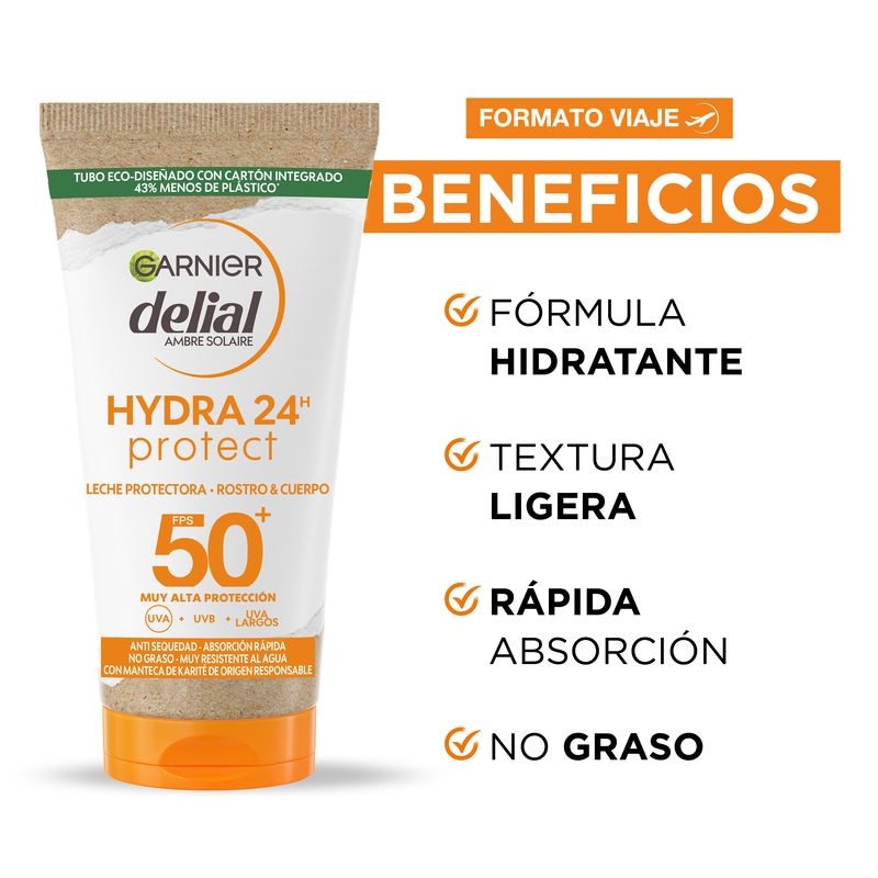 Garnier Delial Leche Protectora Spf 50+ Hydra 24 Protect, Resistente Al Agua Y Fórmula Hidratante Con Manteca De Karité 