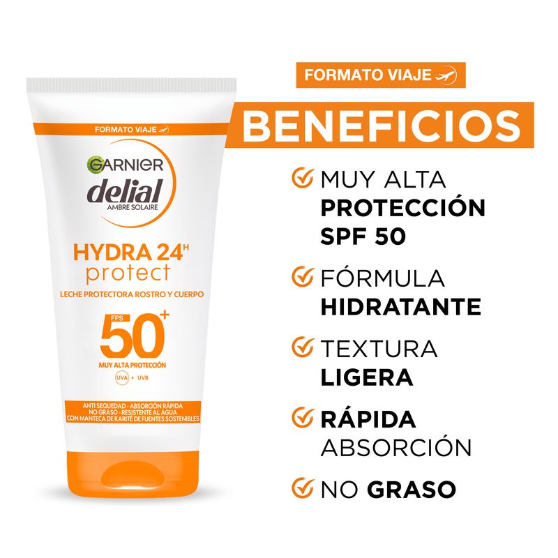 Garnier Delial Leche Protectora Spf 50+ Hydra 24 Protect, Resistente Al Agua Y Fórmula Hidratante Con Manteca De Karité 