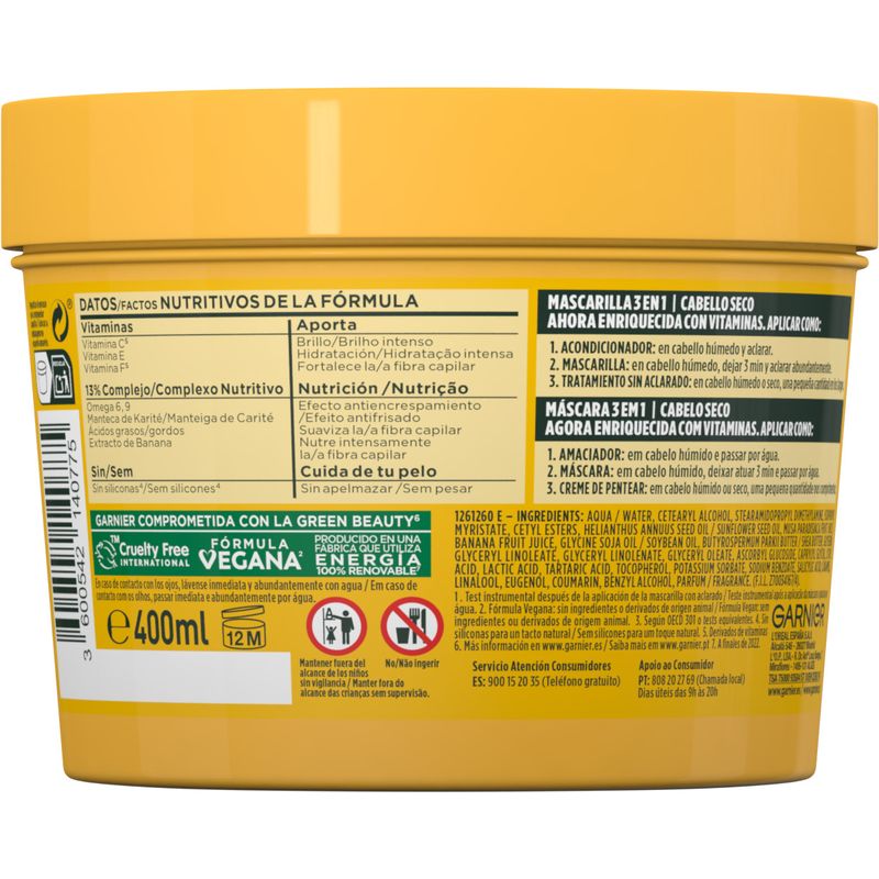 Garnier
Fructis Hair Food Banana Mascarilla 3 En 1 Nutritiva 400 Ml Para Cabello Seco