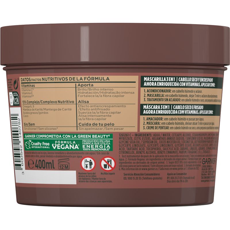 Garnier
Fructis Hair Food Coco Mascarilla 3 En 1 Alisadora 400 Ml Para Cabello Seco Y Encrespado