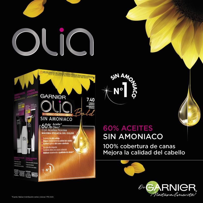 Garnier Olia Coloración Permanente Sin Amoniaco, Olor Agradable Con Aceites Florales Origen Natural - Bold Cobrizo Intenso 7.40