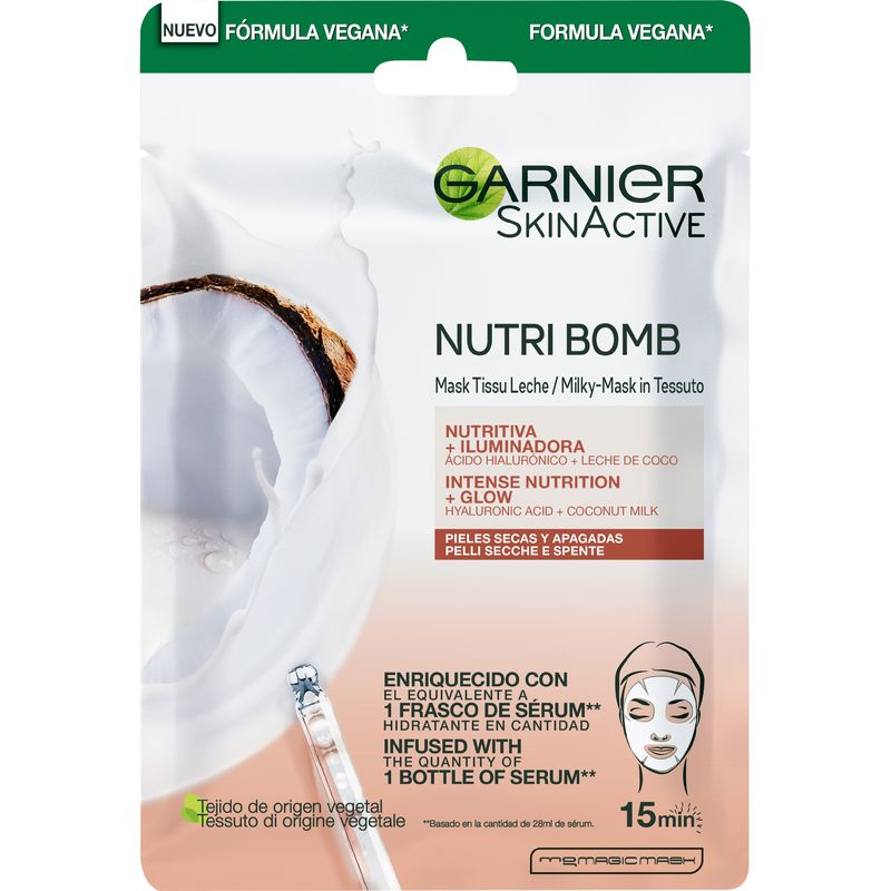 Garnier Skin Active Nutri Bomb Milky Mask Tissu Iluminadora Con Leche De Coco Y Ácido Hialurónico Para Pieles Secas Y Apagadas