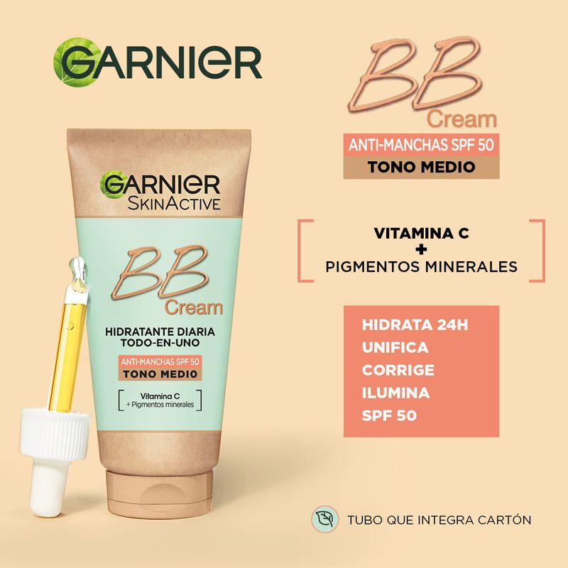 Garnier Skinactive Bb Cream Anti Manchas Spf50 Tono Medio Hidratante Todo En Uno Con Color Spf50, 50Ml