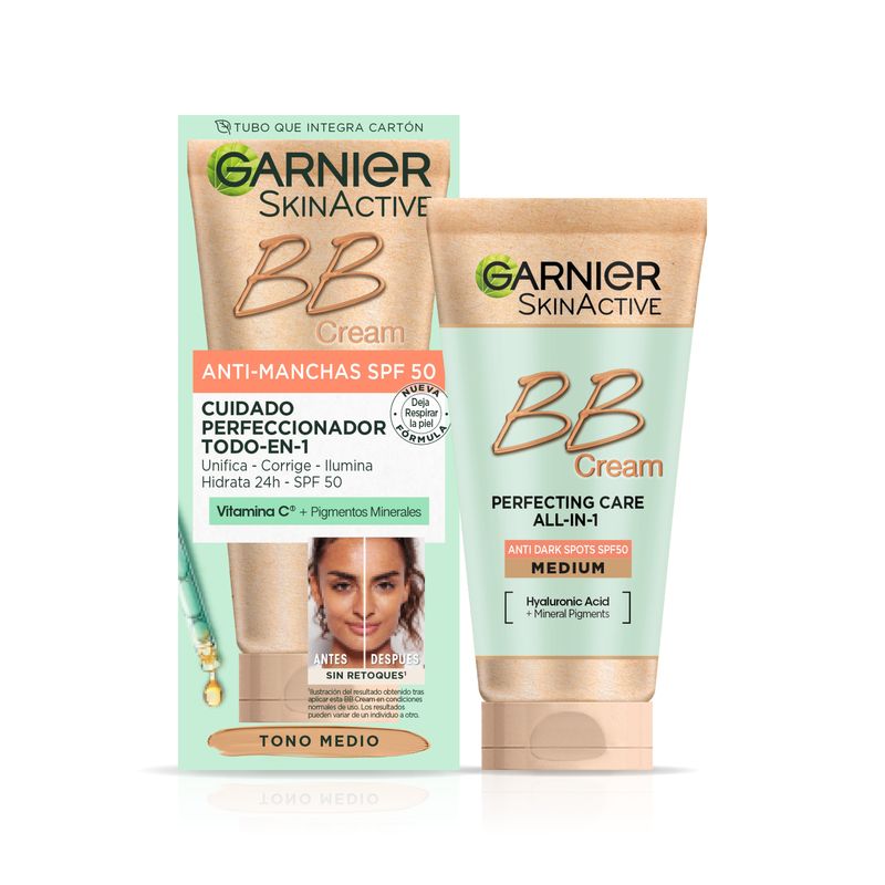 Garnier Skinactive Bb Cream Anti Manchas Spf50 Tono Medio Hidratante Todo En Uno Con Color Spf50, 50Ml