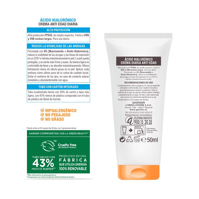 Garnier Delial Super Uv Fps50+ Crema Anti Edad Protectora Diaria Con Ácido Hialurónico - 50Ml