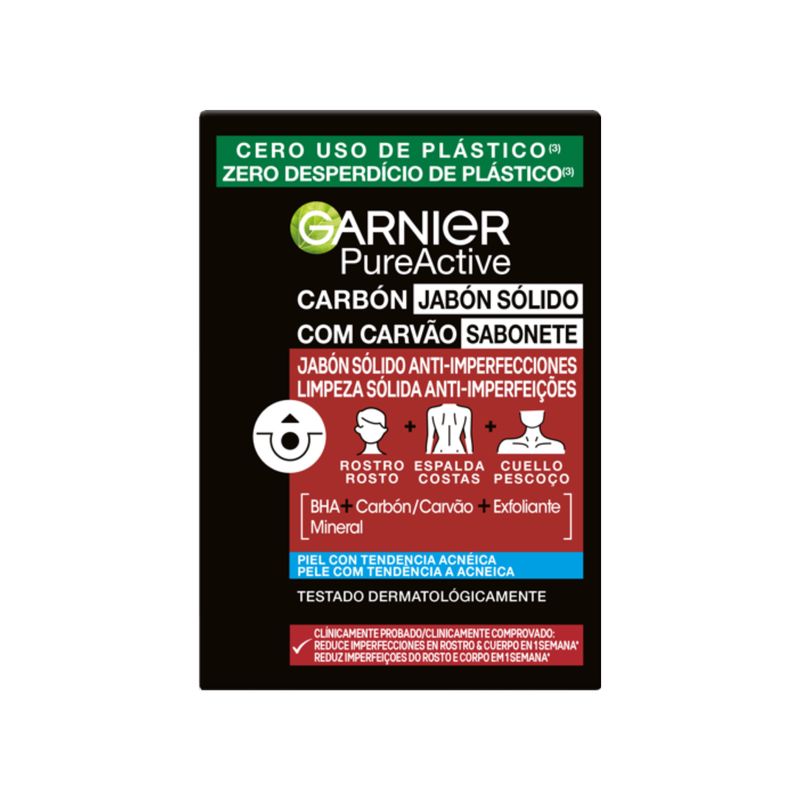 Garnier Pure Active Jabón Sólido Anti Granitos Con Carbón Y Ácido Salicílico Para Rostro, Cuerpo Y Espalda