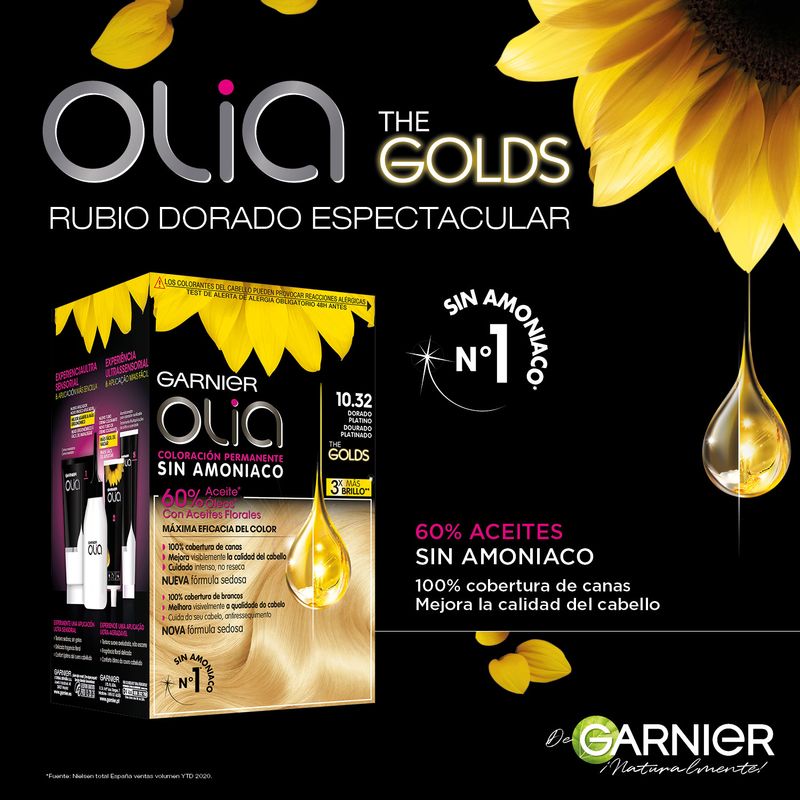 Garnier Olia Coloración Permanente Sin Amoniaco Con Aceites Florales De Origen Natural - Dorado Platino 10.32