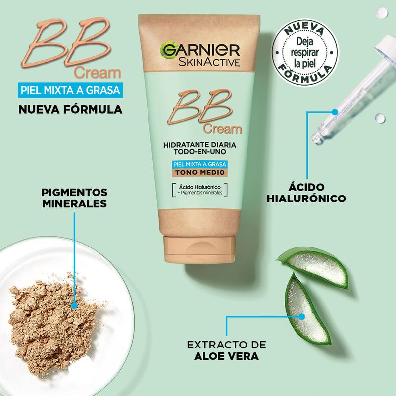 Garnier Skinactive Bb Cream Matificante Para Pieles Mixtas A Grasas Tono Medio. Hidratante Todo En Uno Con Color Spf 25, 50Ml