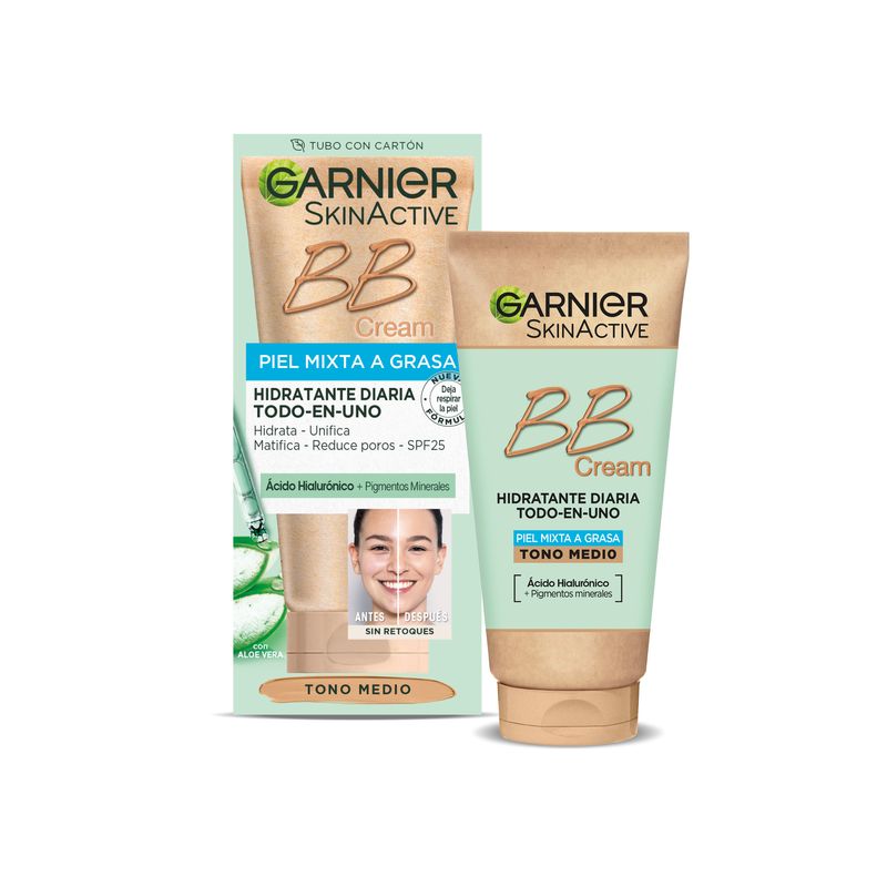 Garnier Skinactive Bb Cream Matificante Para Pieles Mixtas A Grasas Tono Medio. Hidratante Todo En Uno Con Color Spf 25, 50Ml