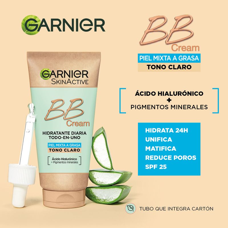 Garnier Skinactive Bb Cream Matificante Para Pieles Mixtas A Grasas Tono Claro. Hidratante Todo En Uno Con Color Spf 25, 50Ml