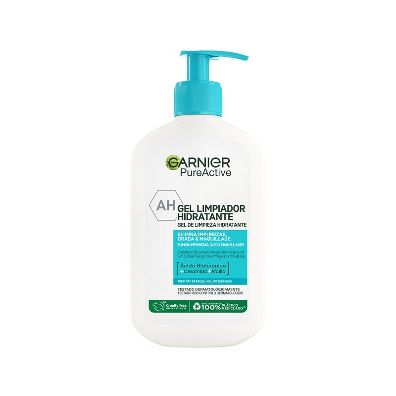 Garnier Pure Active Gel Limpiador Hidratante Con Ácido Hialurónico, Ceramida Y Arcilla Elimina Impurezas, Grasa Y Maquillaje