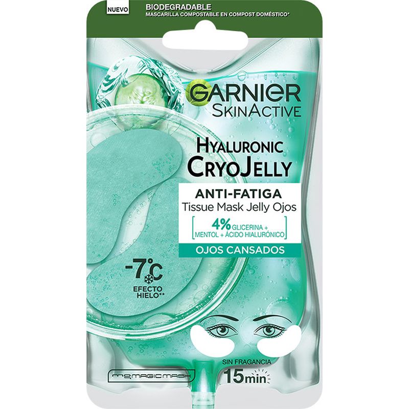 Garnier Tissue Mask Hyaluronic Cryo Jelly Antifatiga Para Contorno De Ojos. 4% De Glicerina + Mentol + Ácido Hialurónico.