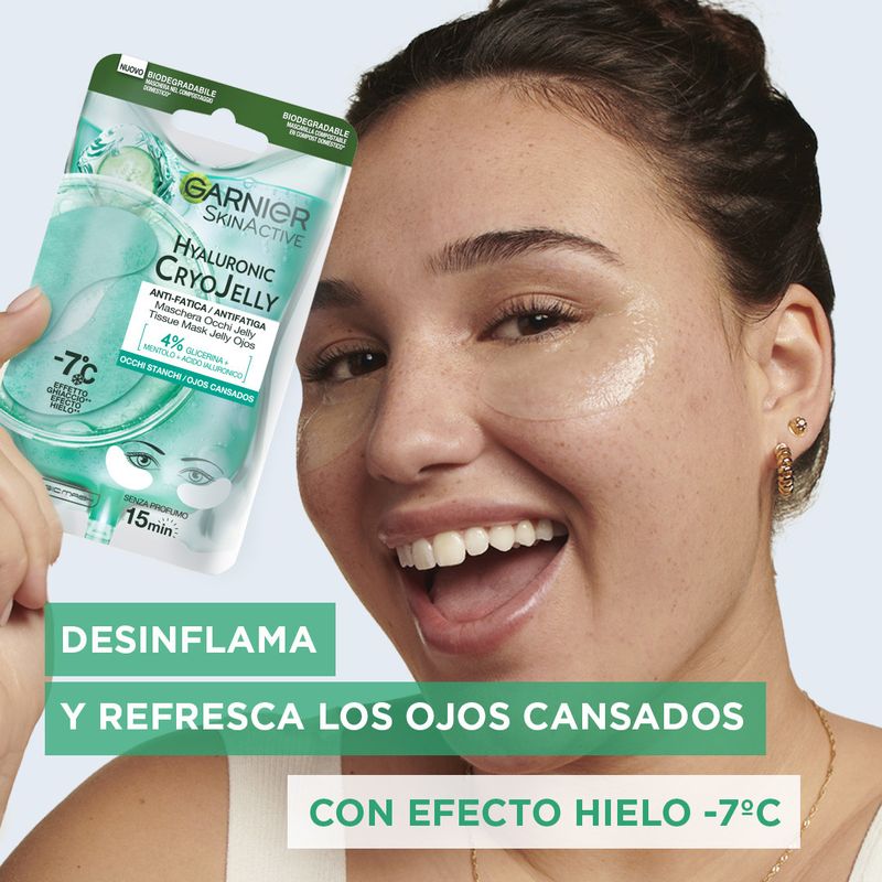 Garnier Tissue Mask Hyaluronic Cryo Jelly Antifatiga Para Contorno De Ojos. 4% De Glicerina + Mentol + Ácido Hialurónico.