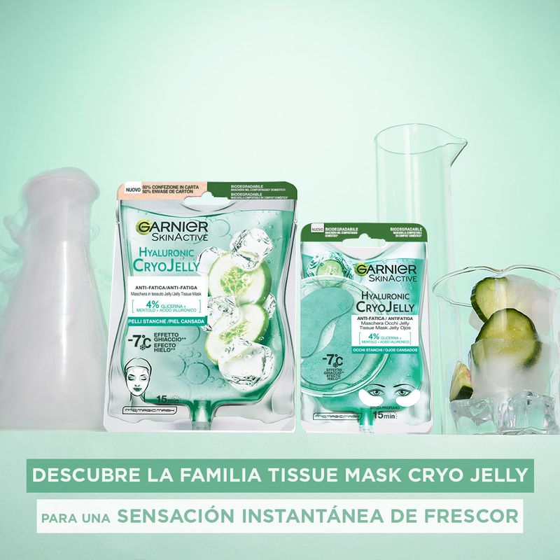 Garnier Tissue Mask Hyaluronic Cryo Jelly Antifatiga Para Contorno De Ojos. 4% De Glicerina + Mentol + Ácido Hialurónico.