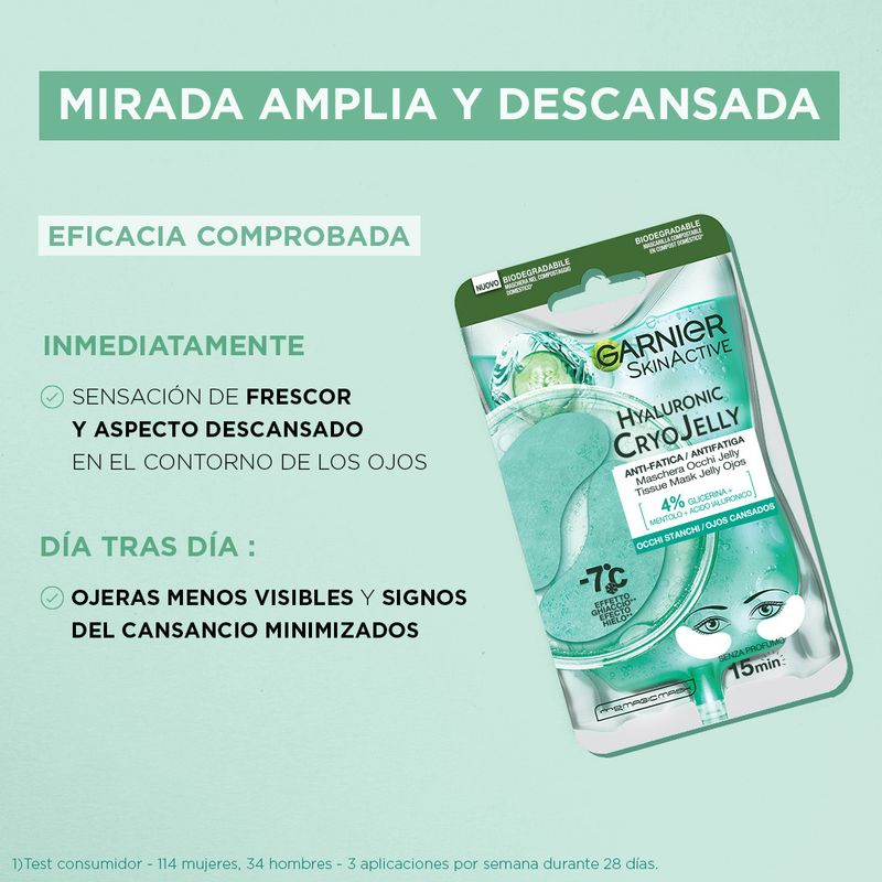 Garnier Tissue Mask Hyaluronic Cryo Jelly Antifatiga Para Contorno De Ojos. 4% De Glicerina + Mentol + Ácido Hialurónico.