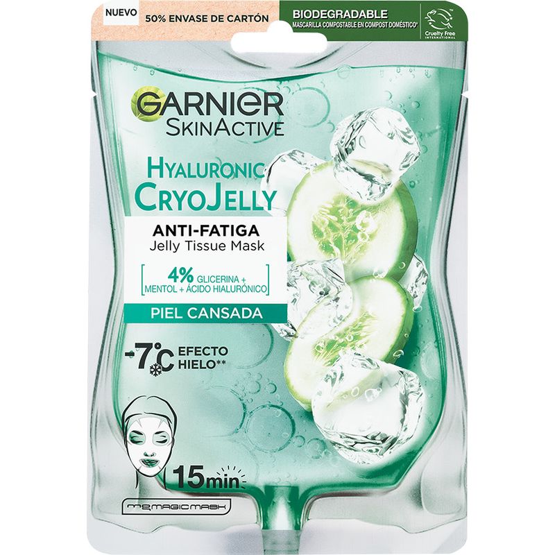 Garnier Tissue Mask Hyaluronic Cryo Jelly Antifatiga Para Pieles Cansadas. 4% De Glicerina + Mentol + Ácido Hialurónico.