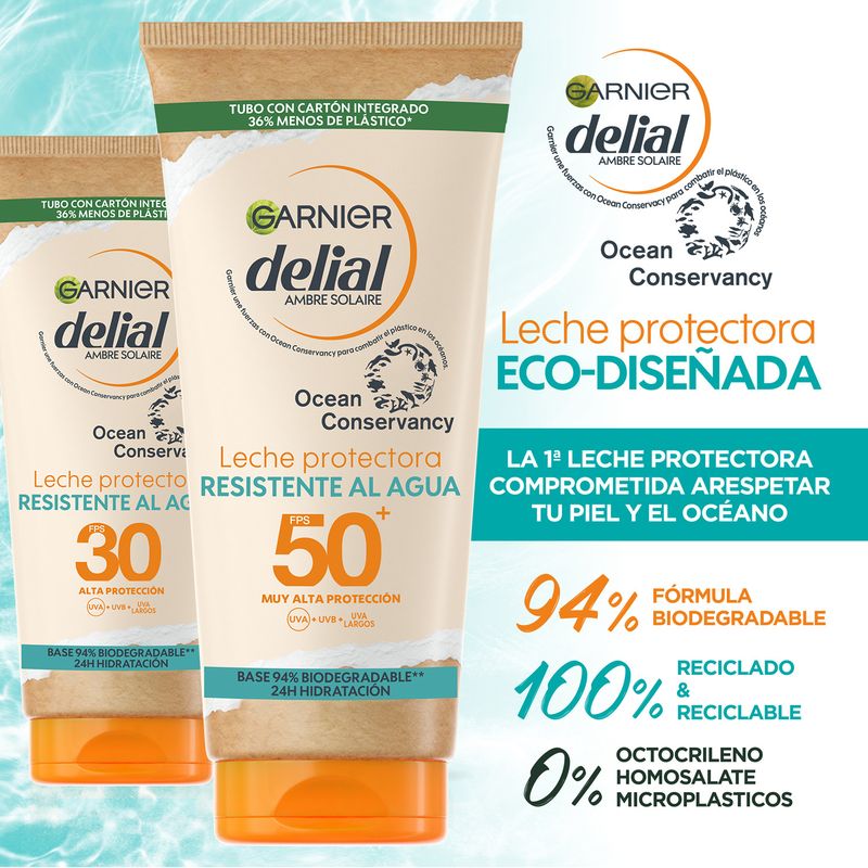 Garnier Delial Leche Protectora Eco Diseñada Spf 50. Respetuosa Con La Vida Marina. Fórmula 94% Biodegradable 175Ml.