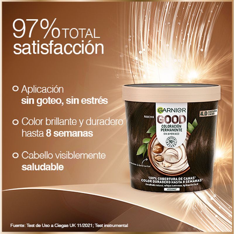 Garnier Good Coloración Permanente Sin Amoniaco, 90% Origen Natural Tono 4.0 Castaño Cacao.