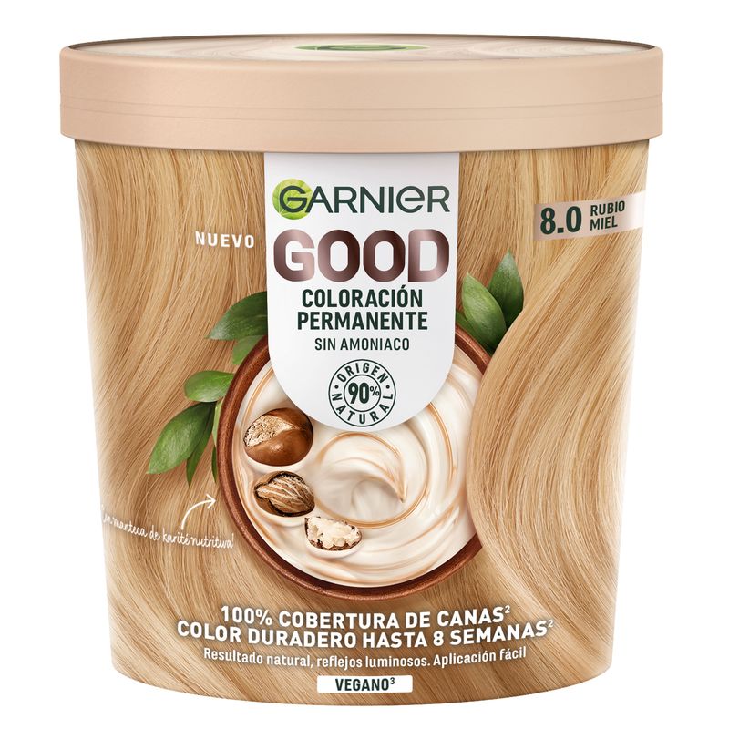 Garnier Good Coloración Permanente Sin Amoniaco, 90% Origen Natural Tono 8.0 Rubio Miel.