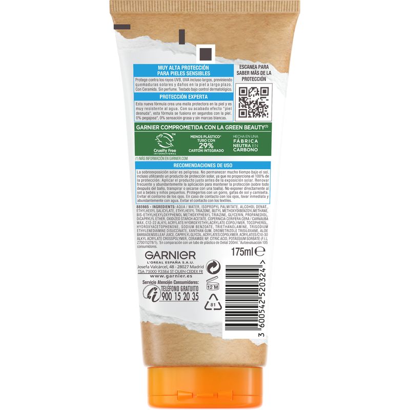 Garnier Delial Sensitive Advanced Leche Protector Solar Para Pieles Claras, Sensibles E Intolerantes Al Sol Ip50+ - 175 Ml.