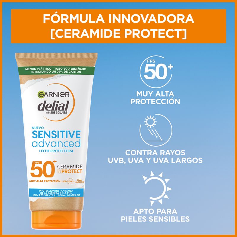 Garnier Delial Sensitive Advanced Leche Protector Solar Para Pieles Claras, Sensibles E Intolerantes Al Sol Ip50+ - 175 Ml.