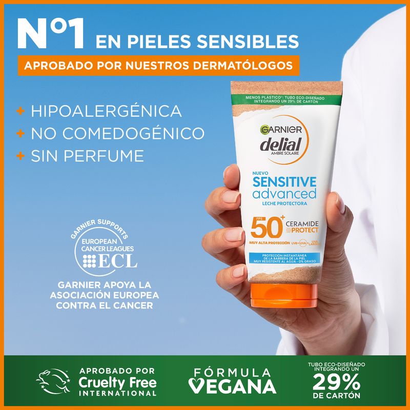 Garnier Delial Sensitive Advanced Leche Protector Solar Para Pieles Claras, Sensibles E Intolerantes Al Sol Ip50+ - 175 Ml.